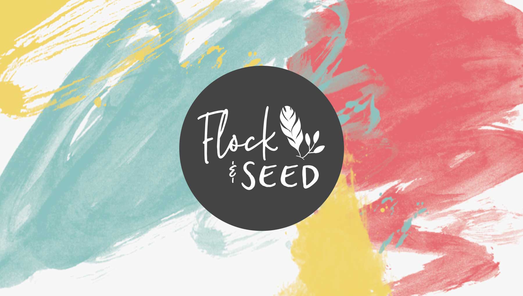 Flock & Seed logo design on turqoise red yellow white watercolor brush background