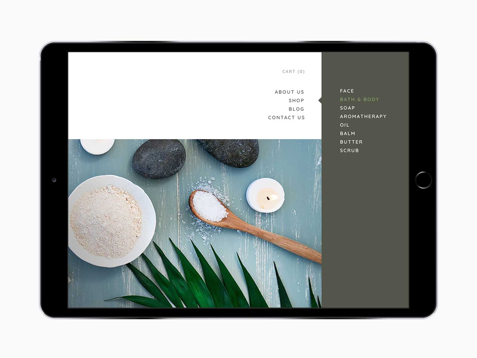 Leaf Skin Co. responsive website for navigation menu on iPad in landscape view