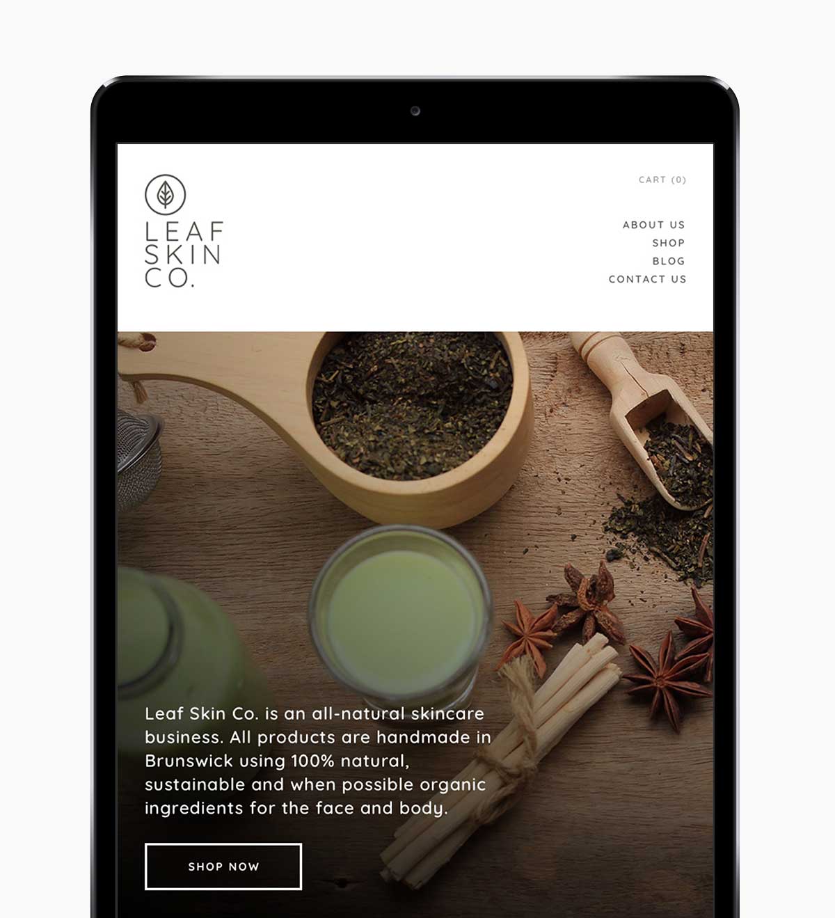 Leaf Skin Co. responsive website on iPad in portrait view